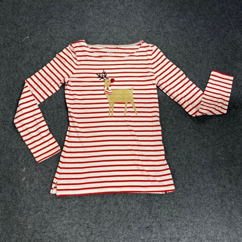 Boden Red White Striped Reindeer Christmas‎ Long Sleeve Top Women US 4